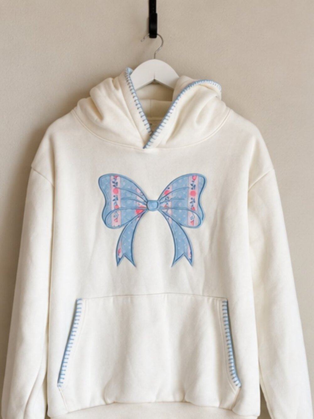 AS Revival Floral Bow Whipstitch Hoodie Ivory Blue Oversized